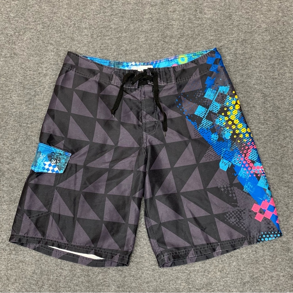 Ocean Pacific Gray/Black Multicolor Board Shorts Geometric Pattern 34 Y2K Swim